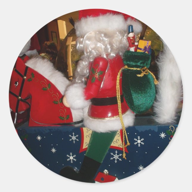 Christmas Santa on a Horse with Snow Art Print Classic Round Sticker (Front)