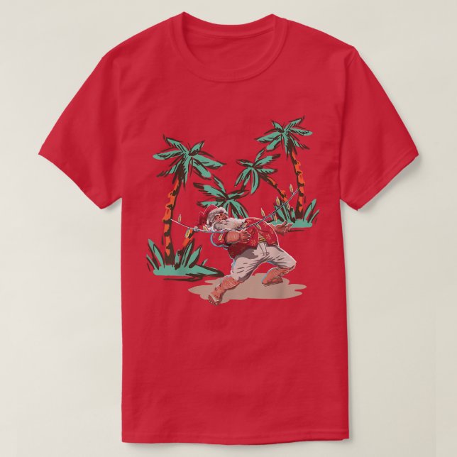 CHRISTMAS SANTA ON THE BEACH WITH FAIRY LIGHTS  T-Shirt (Design Front)