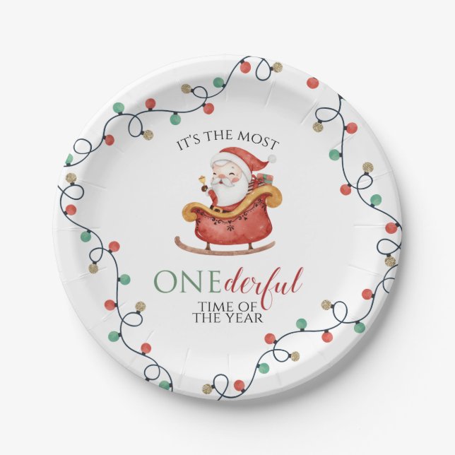 Christmas Santa Onederful First Birthday Paper Plate (Front)