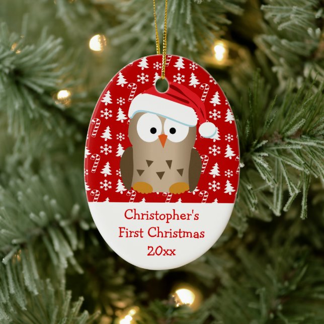 Christmas Santa Owl Personalised Kids/Baby/First Ceramic Tree Decoration (Tree)