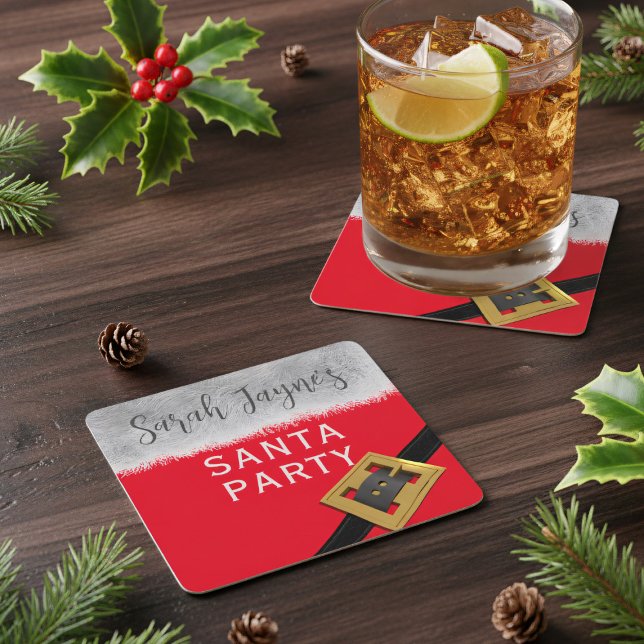 Christmas Santa Party Holiday Square Paper Coaster (Just add your name and get your Santa Party started!)