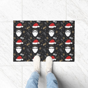 Christmas Santa Pattern Black Background with Gold Doormat