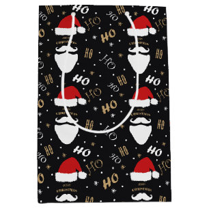 Christmas Santa Pattern Black Background with Gold Medium Gift Bag