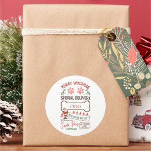 Christmas Santa paws add name pet dog Classic Round Sticker