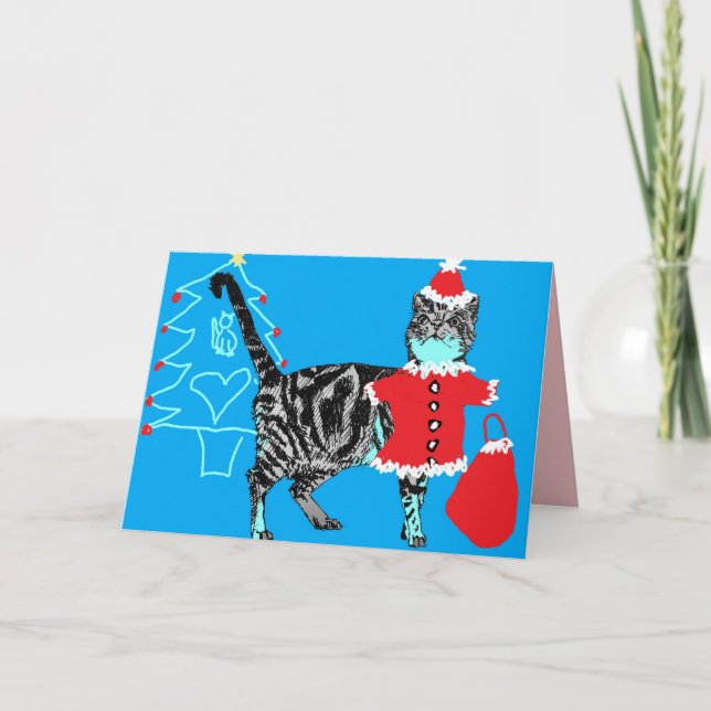 Christmas Santa Paws Stripy Tabby Cat Card Blue (Front)