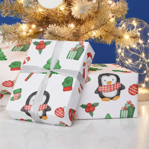 Christmas Santa, Penguin and Decorations Wrapping Paper