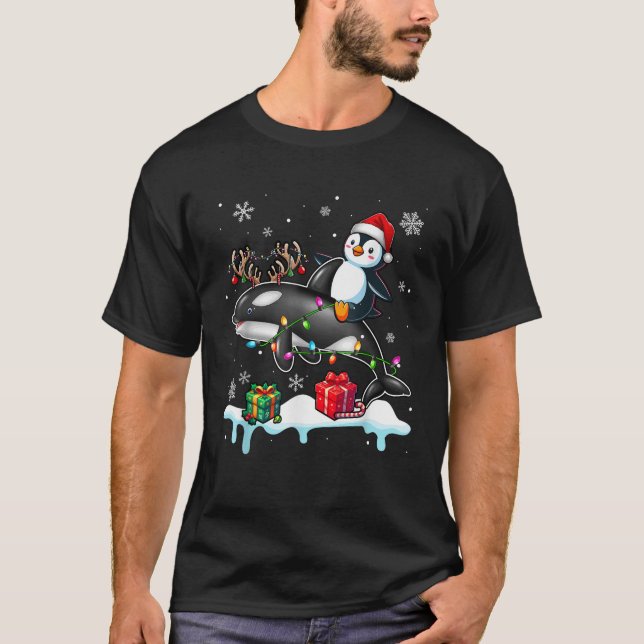 Christmas Santa Penguin Riding Reindeer Orca Lover T-Shirt (Front)