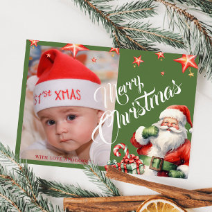Christmas Santa Personalised Photo Green Postcard