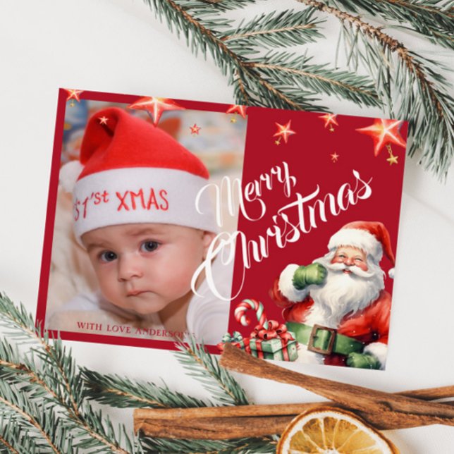 Christmas Santa Personalised Photo Red Postcard (Creator Uploaded)