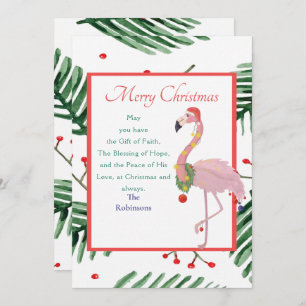 Christmas Santa Pink Flamingo Green Xmas Wreath  Holiday Card