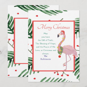 Christmas Santa Pink Flamingo Green Xmas Wreath  Holiday Card