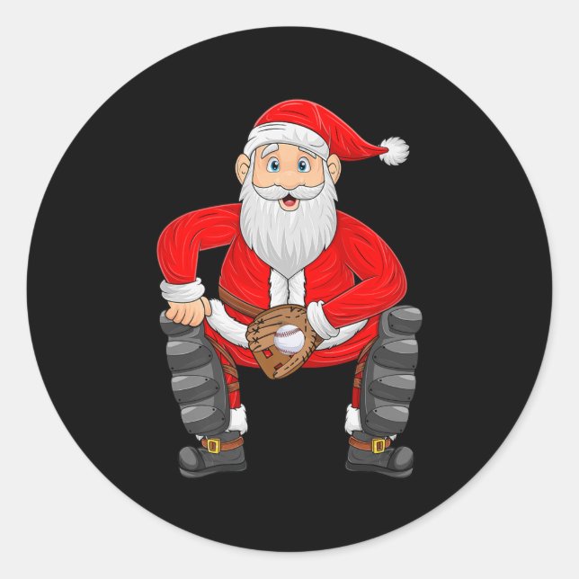 Christmas Santa Playing Baseball Catcher Xmas Srts Classic Round Sticker (Front)