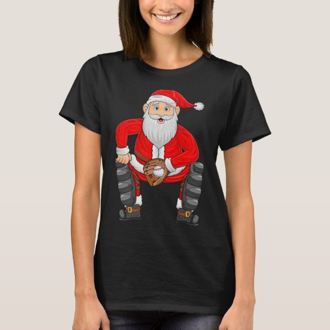 Christmas Santa Playing Baseball Catcher Xmas Srts T-Shirt (Front)