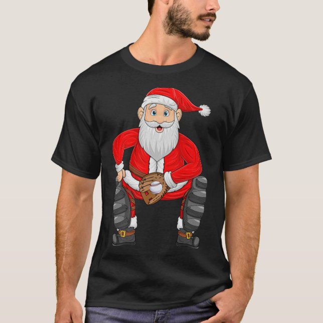 Christmas Santa Playing Baseball Catcher Xmas Srts T-Shirt (Front)