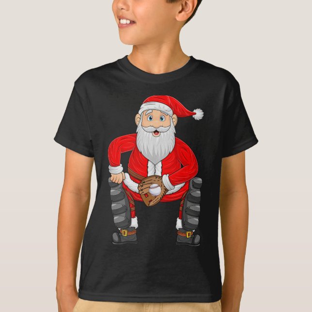 Christmas Santa Playing Baseball Catcher Xmas Srts T-Shirt (Front)