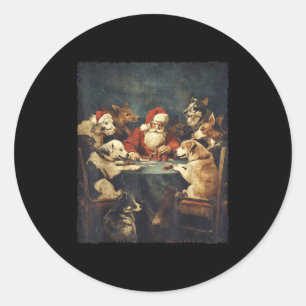 Christmas Santa Playing Cards Dogs Playing Ker Classic Round Sticker