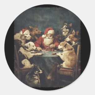 Christmas Santa Playing Cards Dogs Playing Poker  Classic Round Sticker