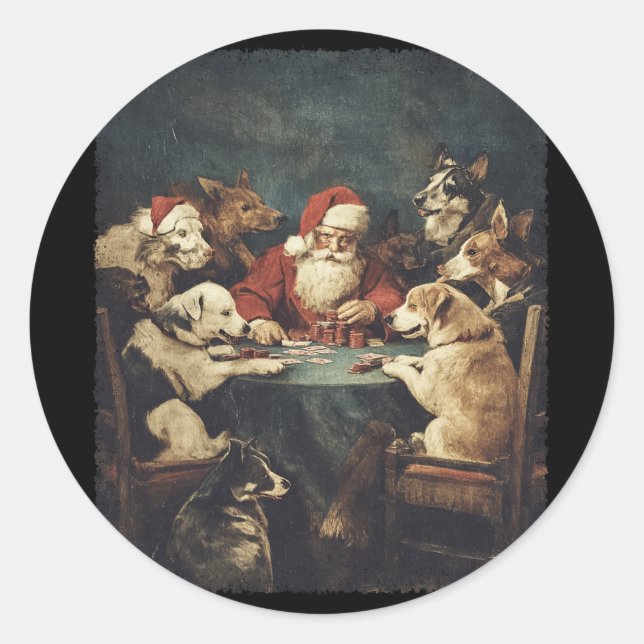 Christmas Santa Playing Cards Dogs Playing Poker  Classic Round Sticker (Front)