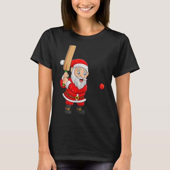 Christmas Santa Playing Cricket Xmas Funny Srts Pl T-Shirt (Front)
