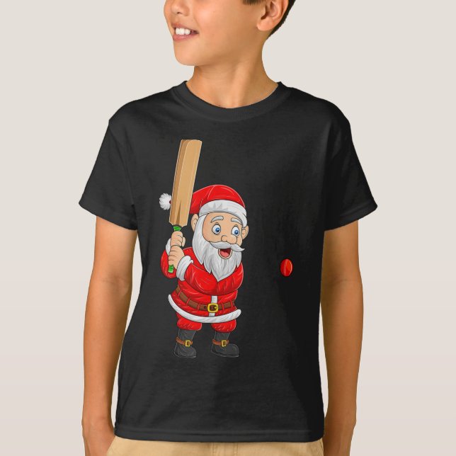 Christmas Santa Playing Cricket Xmas Funny Srts Pl T-Shirt (Front)
