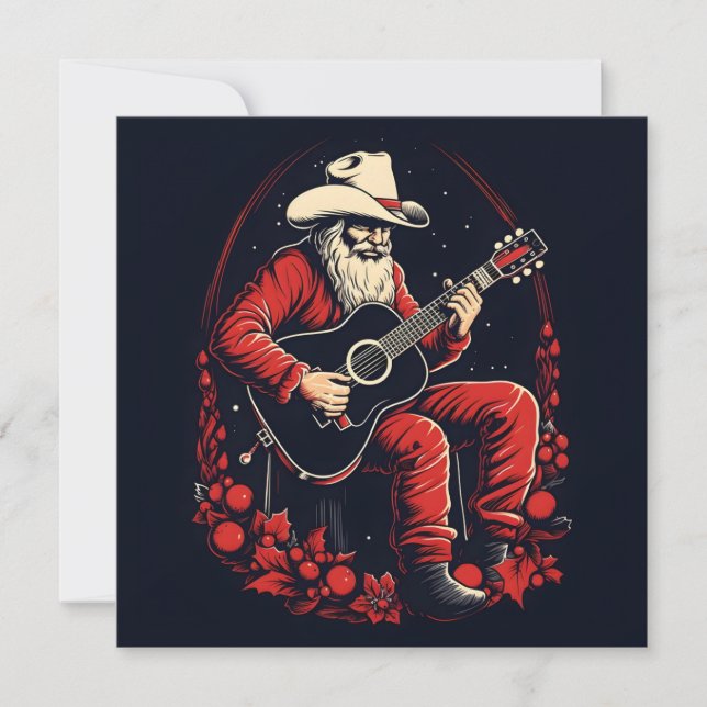 christmas santa playing guitar  holiday card (Front)
