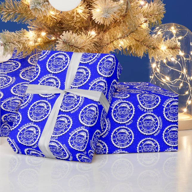 Christmas Santa Post Customizable on Blue Wrapping Paper (Holidays)