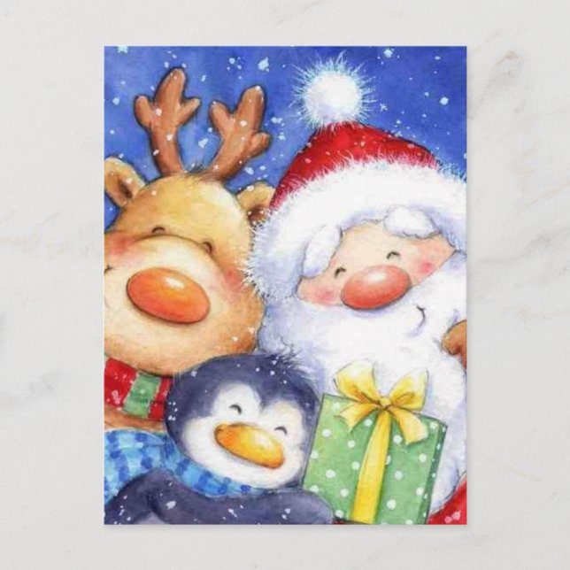 Christmas Santa Reindeer and Penguin Holiday Postcard (Front)