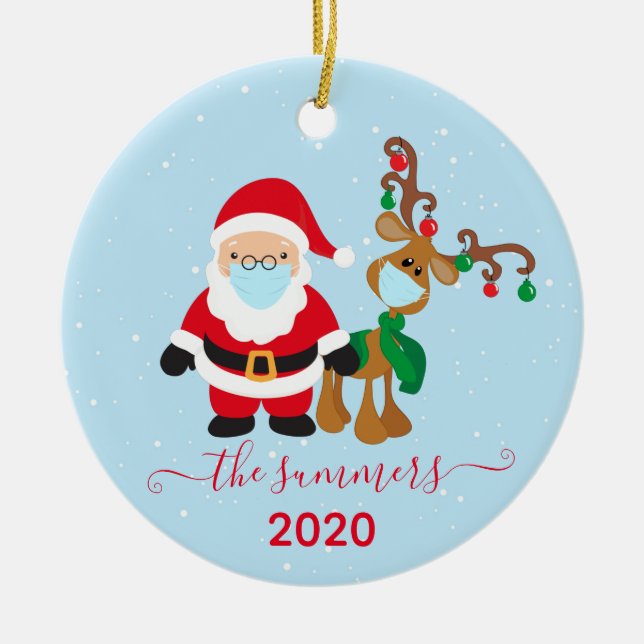 Christmas Santa Reindeer Calligraphy 2020 Covid Ceramic Tree Decoration (Front)