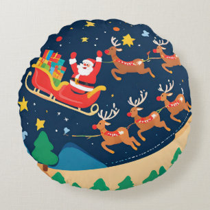 Christmas Santa Reindeer Coming To Town  Round Cushion
