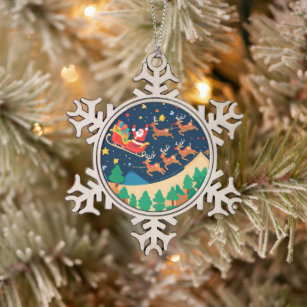 Christmas Santa Reindeer Coming To Town  Snowflake Pewter Christmas Ornament