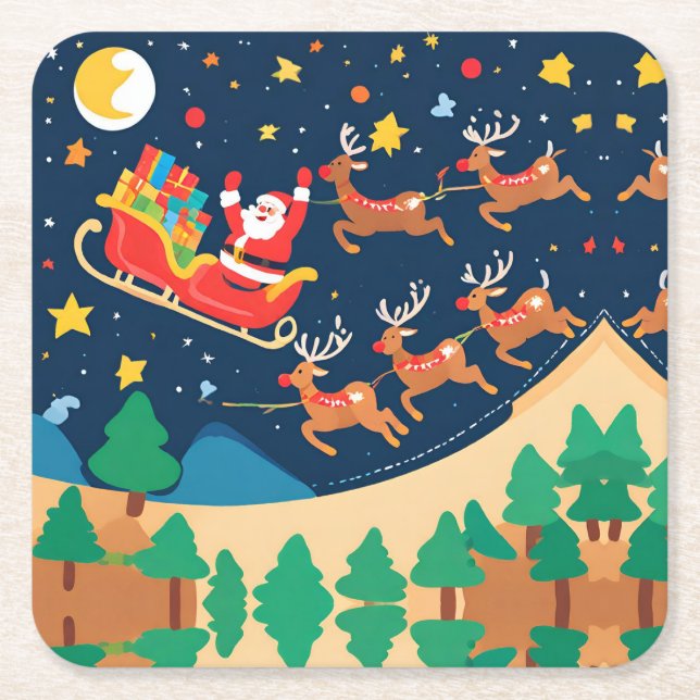 Christmas Santa Reindeer Coming To Town  Square Paper Coaster (Front)
