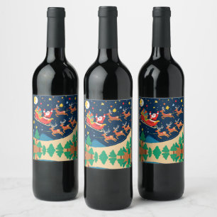 Christmas Santa Reindeer Coming To Town  Wine Label