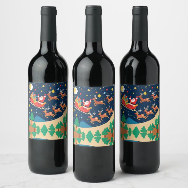 Christmas Santa Reindeer Coming To Town  Wine Label (Bottles)