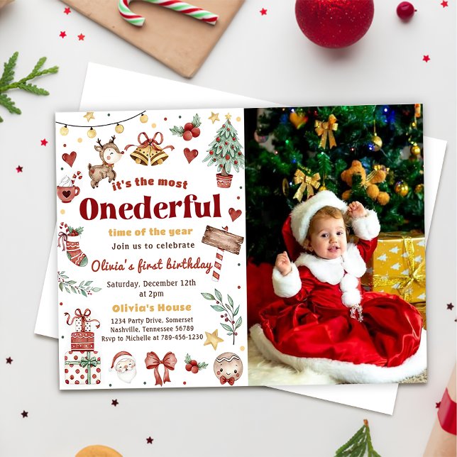 Christmas Santa Reindeer Onederful 1st Birthday  Invitation (Creator Uploaded)