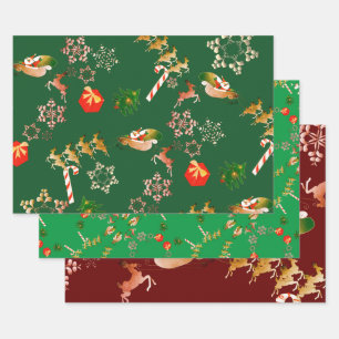 Christmas Santa Reindeer Red Green Wrapping Paper Sheet