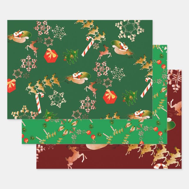 Christmas Santa Reindeer Red Green Wrapping Paper Sheet (Set)