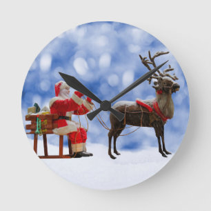 Christmas Santa Reindeer Sledging Snow Round Clock