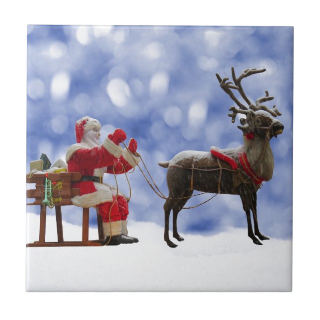 Christmas Santa Reindeer Sledging Snow Tile (Front)