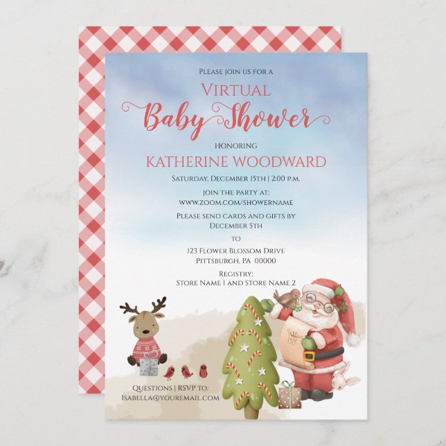 Christmas Santa | Reindeer Virtual Baby Shower Inv Invitation (Front/Back)