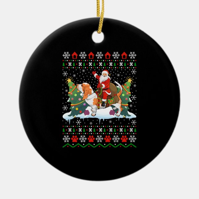 Christmas Santa riding Basset Hound ugly Ceramic Tree Decoration (Front)