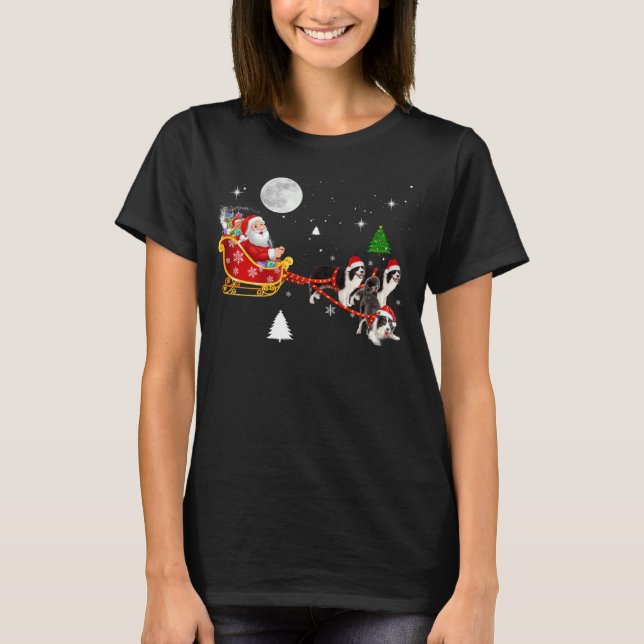 Christmas Santa Riding Border Collie Santa Hat Xma T-Shirt (Front)