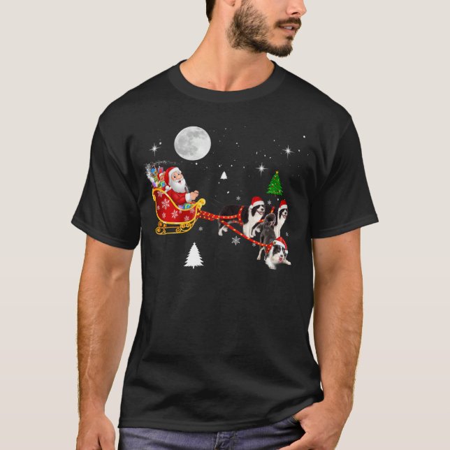 Christmas Santa Riding Border Collie Santa Hat Xma T-Shirt (Front)
