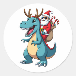 Christmas Santa Riding Dinosaur Deer Xmas (1) Classic Round Sticker