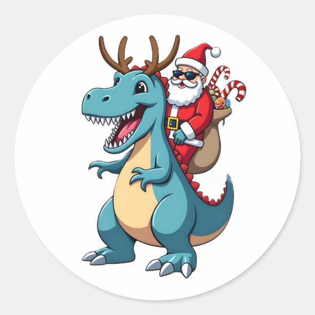 Christmas Santa Riding Dinosaur Deer Xmas (1) Classic Round Sticker (Front)