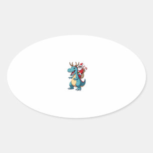 Christmas Santa Riding Dinosaur Deer Xmas (1) Oval Sticker