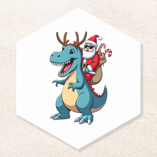 Christmas Santa Riding Dinosaur Deer Xmas (1) Paper Coaster (Front)