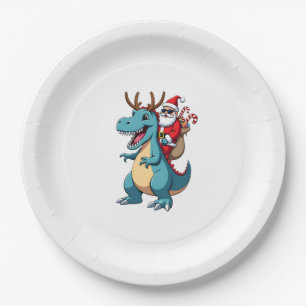 Christmas Santa Riding Dinosaur Deer Xmas (1) Paper Plate