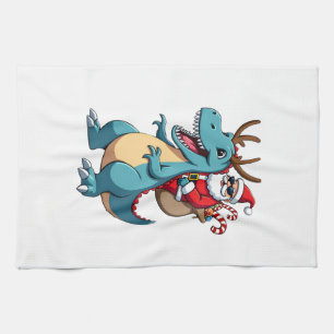 Christmas Santa Riding Dinosaur Deer Xmas (1) Tea Towel