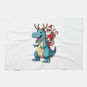 Christmas Santa Riding Dinosaur Deer Xmas (1) Tea Towel