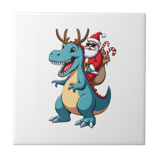 Christmas Santa Riding Dinosaur Deer Xmas (1) Tile (Front)